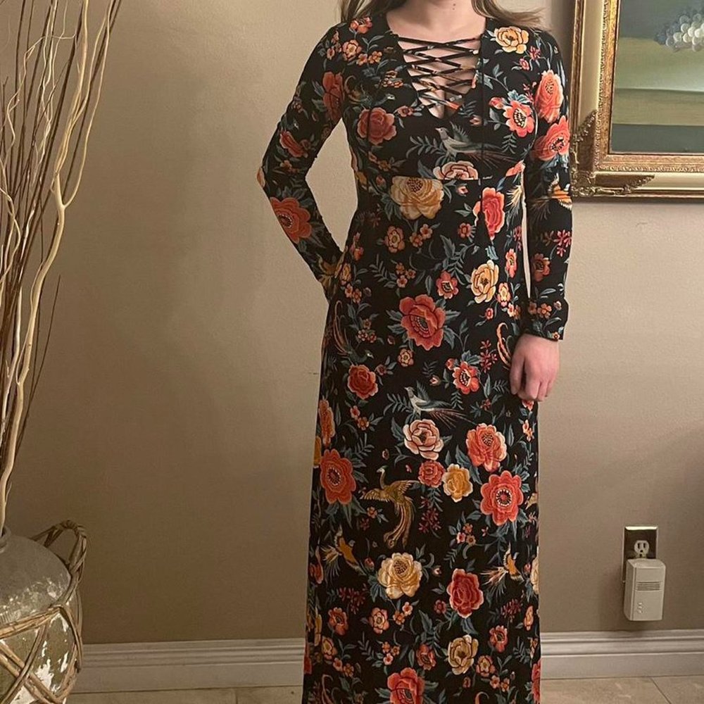 Black, Funky Floral Pattern Long Sleeved Maxi Dress